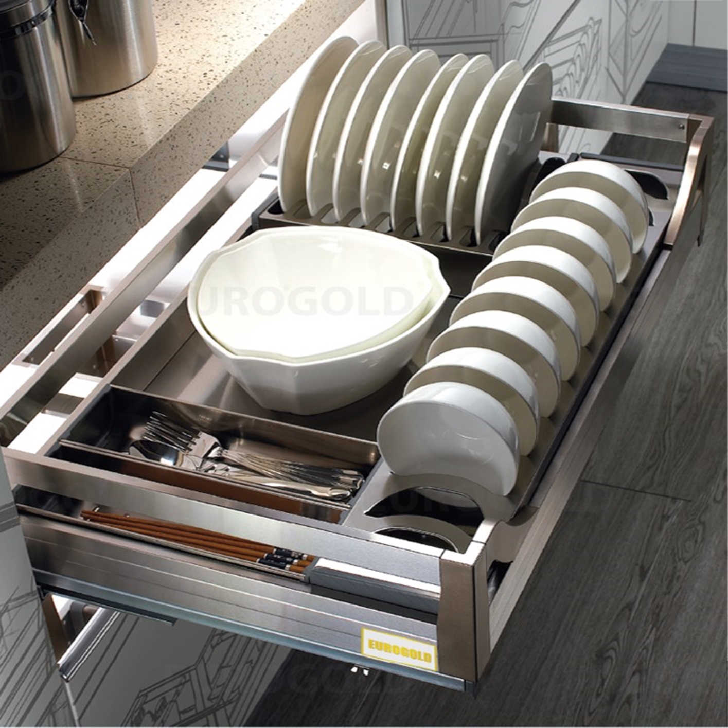 Giá xoong nồi, bát đĩa tủ dưới inox, 2 lớp đáy Eurogold EU133.600